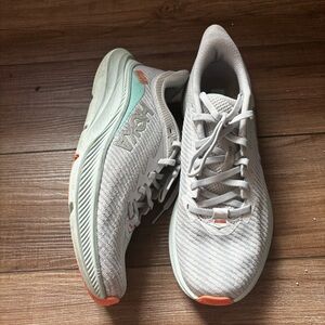 Hoka Women's Light Gray Running Shoes with Mint and Coral Accents comfy wide